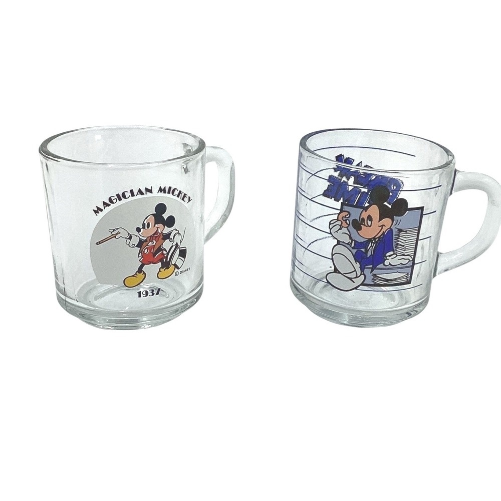 Vintage Mickey Mouse Glass Mug Set Magician Break Time Walt Disney Collectible